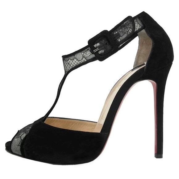 Christian Louboutin Voile 120 Lace Suede Black T-Strap Heels Size 39 EU - Picture 1 of 9